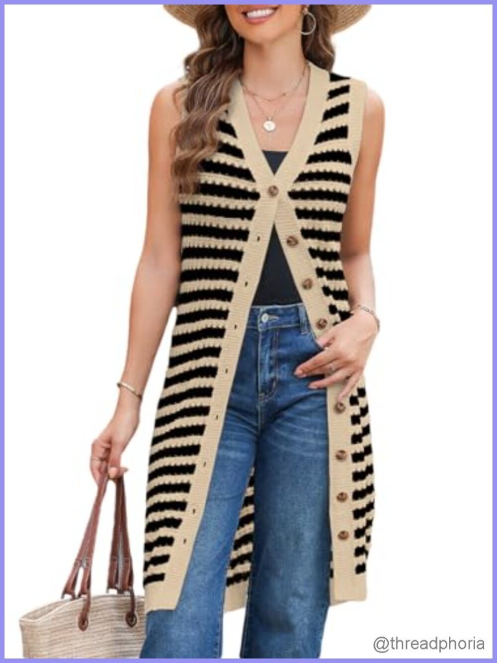 Sleeveless V-Neck Striped Sweater Vest Dress Button Front Casual Midi Knit